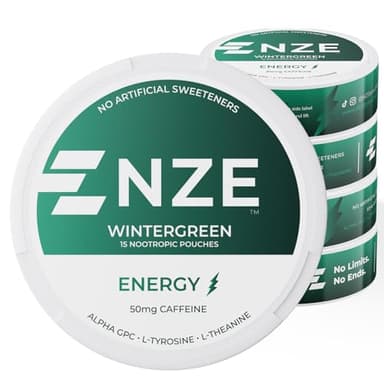 NZE Caffeine Nootropic Pouches (Wintergreen) - Energy Pouches with 50mg Caffeine, Alpha GPC, L-Tyrosine & L-Theanine with No Sugar or Artificial Sweeteners - 15 Pouches Per Can - 5 Pack