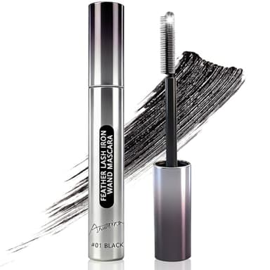 Feather Lash Iron Wand Mascara, Dual-Wing Brush Metal Mascara Wand, Primer, Topcoat 2-in-1, Fiber-Infused, 3D Curling Natural Volume & Length, Waterproof, Clump-Free & Smudge-Proof (Black)