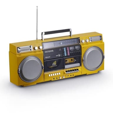 aiwa Retro Boombox CD Player with Cassette Recording, Bluetooth 5.0, FM/AM Radio, USB/SD/AUX Inputs, VU Meters, LCD Display, Dual 40W Speakers - Yellow