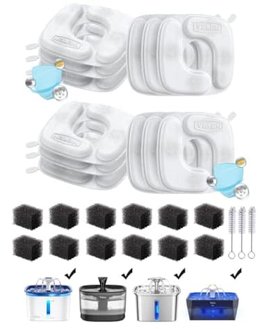 Veken Cat Water Fountain Filters, 12 Pack Replacement Filters & 12 Pack Replacement Pre-Filter Sponges Set for 50oz, 84oz, 95oz or 108oz Automatic Pet Fountain Dog Water Dispenser