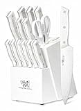HUNTER.DUAL Knife Set, 15 Piece Kitchen Knife Set with Block Self Sharpening, Dishwasher Safe, Anti-slip Handle, White