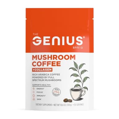 The Genius Brand Organic Mushroom Coffee + Collagen - Daily Energy Support - Healthy Immune Function - Arabica Coffee with Cordyceps, Reishi & Lion's Mane Mushroom Blend - 10.6 oz (30 Servings)