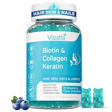 Vazatisi Biotin Gummies with Collagen & Keratin for Hair Skin Nails- Supports Hair Growth and Stronger Nails, Women Men, Kids - 60 Blueberry Flavored Gummies