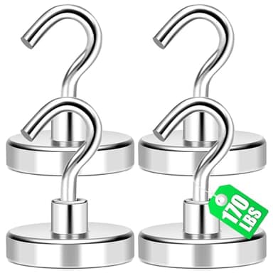 MIKEDE Magnetic Hooks Heavy Duty, 170Lbs+ Super Strong Magnet Hooks for Cruise Essentials, Neodymium Earth Magnets with Hook for Hanging, Magnetic Hanger for Fridge, Toolbox, Storage - 4 Pack