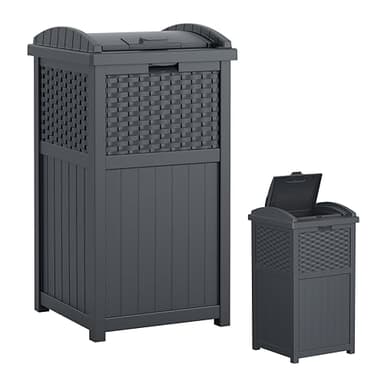 Suncast 33 Gallon Wicker-Style Hideaway Trash Can with Secure Latching Lid and Weather-Resistant Construction for Patio, Cyberspace Grey, Made in the USA