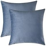 Mixhug Set of 2 Cozy Velvet Square Decorative Throw Pillow Covers for Couch and Bed, Dusty Blue, 18 x 18 Inches