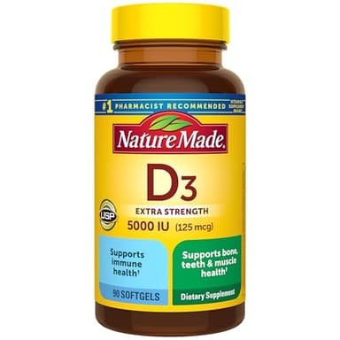 Nature Made Vitamin D3 5000 IU (125 mcg) Softgels, Extra Strength Vitamin D Supplement for Bone and Immune Health Support, 90 Softgels, 90 Day Supply