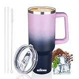 40 oz Insulated Coffee Mug with Ceramic Coating, Stainless Steel Travel Tumbler with Handle Lid and Straw, Double Wall Leak-Proof Thermos Coffee Travel Mug Keeps Drink Hot and Cold (Purple Navy)