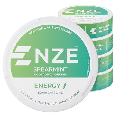 NZE Caffeine Nootropic Pouches (Spearmint) - Energy Pouches with 50mg Caffeine, Alpha GPC, L-Tyrosine & L-Theanine with No Sugar or Artificial Sweeteners - 15 Pouches Per Can - 5 Pack