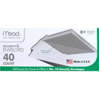 Mead #10 Envelopes, Letter Size, 4-1/8" x 9-1/2", Security Printed Lining for Privacy, Gummed Closure, Windowless, White All-Purpose for Home & Office Mail, 40 Count (75214)