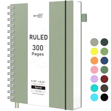 RETTACY Spiral College Ruled Notebook, 300 Pages, A5 Medium Size (5.7" × 8.2"), for School, Work, Writing, Journaling, 100 GSM Thick Paper, Flexible Plastic Cover (Light Green)