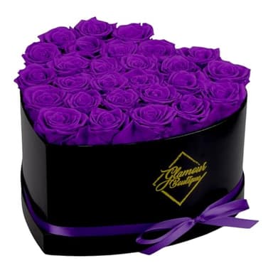 GLAMOUR BOUTIQUE 27 Flower Forever Heart Shape Box, Eternal Preserved Roses Gift for Her, Lasting Flowers, Premium Floral Heart Box for Birthday, Anniversary or Valentine’s Day, Purple (Color-Treated)