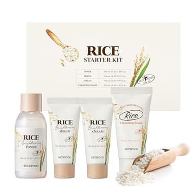 SKINFOOD Rice Starter Kit, Rice Toner, Rice Serum, Rice Moisturizer, and Rice Face Wash for Glass Skin, Korean Skin Care Set, Travel Size Kit, Stocking Stuffers, Gift Set for Women, Skincare Gift Set