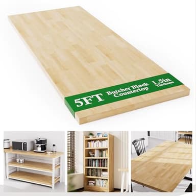 5FT Butcher Block Countertop Birch Solid Wood - 60" x 25" Table Top Butcher Block Cutting Board for Kitchen Island Living Dining Table Office Desk Workbench laundry Countertop Unfinished 1.5" Th