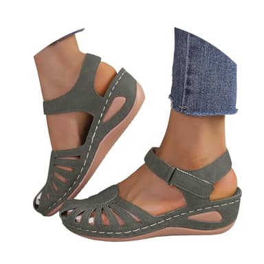 Closed Toe Sandals for Women 2026 Summer Adjustable Ankle Strap Wedge Sandals with Arch Support Comfortable Breathable Wide Width Hollow out Leather Walking Shoes