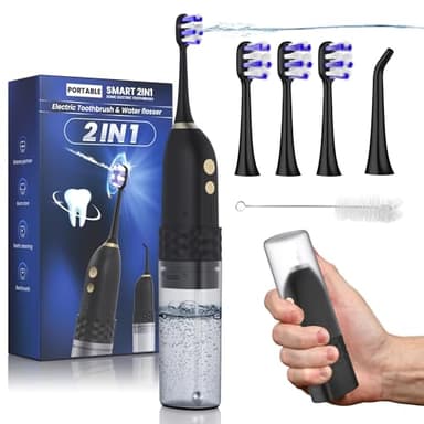 UNINGOPI Electric Toothbrush with Water flosser, 2 in 1 Teeth Cleaning Kit, Toothbrush and Water flosser Combo, 25-Day Battery, Travel Toothbrush with Water Bottle(Black)