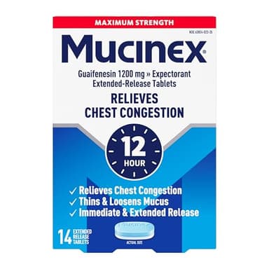 Mucinex Chest Congestion, Maximum Strength 12 Hour Extended Release Tablets, 14ct, 1200 mg Guaifenesin with Extended Relief of Chest Congestion Caused by Excess Mucus, Thins and loosens Mucus