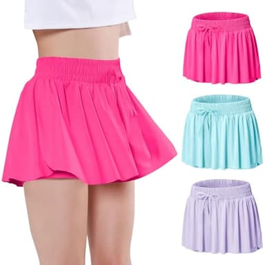 EXARUS 3 Pack Girls Shorts Butterfly Flowy Athletic Skort Dance Cheer Outfits Teen Running Skirts Preppy Tennis 2 in 1 Flutter Gym Kids Tween Clothes Hot Pink Blue Purple 8Y