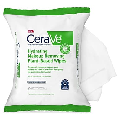 CeraVe Makeup Remover Wipes, Plant Based Face Wipes, Biodegradable in Compost, Waterless Face Wash, Travel Essentials for Women, Suitable for Sensitive Skin, Fragrance-free + Non-comedogenic, 25ct