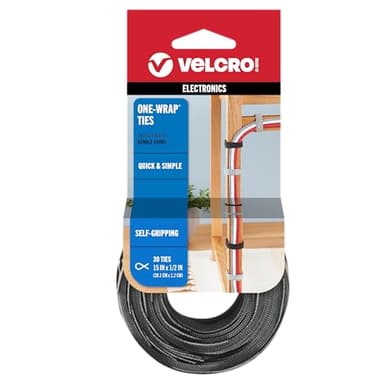 VELCRO Brand ONE WRAP Thin Ties | Strong & Reusable | Perfect for Fastening Wires & Organizing Cords | Black/Gray, 15in x 1/2-Inch | 30 Count (94257)