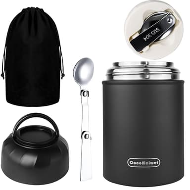 CocoMeiwei Thermo for Hot Food & Drinks, Thermo Lunch Box, 17oz Vacuum Insulated Food Container with Spoon&Drawstring Bag, Soup Thermo for Adults, Black