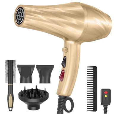 Ionic Hair Dryer,2400W Negative Ion Low Noise Hair Dryer Professional Fast Drying Hair Dryers with 2 Speeds, 3 Heat Settings, Cooling Button,with Diffuser for Curly and Straight Hair（Champagne Gold）