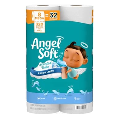 Angel Soft Toilet Paper with Fresh Linen Scented Tube, 8 Mega Rolls = 32 Regular Rolls, Soft and Strong Toilet Tissue