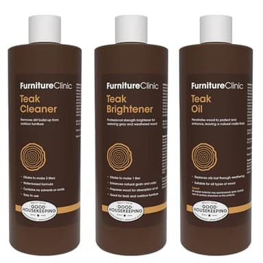 Furniture Clinic Teak Care Kit | For Teak Outdoor Wood Patio Furniture | Clean, Brighten, Nourish, and Protect Treated and Untreated Wood | Contains Cleaner, Brightener, & Oil