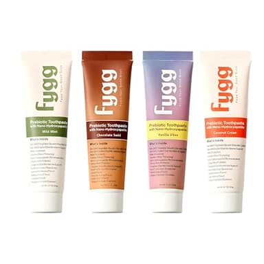 Fygg Fluoride-Free Toothpaste – 4-Pack Travel Size (Mild Mint, Vanilla, Coconut & Chocolate) | Nano-Hydroxyapatite Formula for Whitening, Enamel Repair & Sensitive Teeth (0.7 oz Each)