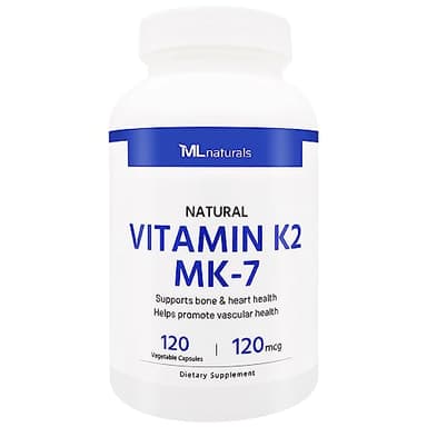 ML Naturals Natural Vitamin K2 MK-7 120 mcg 120 Vegetable Capsules. Natural MK-7/99% All-Trans MK-7. Supports Bone & Heart Health, Promote Vascular Health, Third-Party Lab Tested