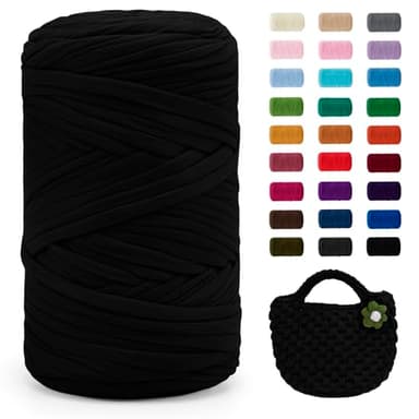 JeogYong T-Shirt Yarn, 400g/131 Yards Elastic Fabric Crochet Cloth T Shirt Yarn, Thick Hand Knitting Polyester Fabric Ribbon for Crocheting Bags/Baskets/Rugs, Home Decor, DIY Crafts (Black)