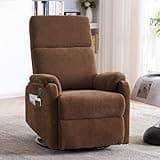 Zuacs Recliner Chair for Adults, 360° Swivel Rocking Chair Nursery, Small Rocker Recliners for Small Spaces, Glider Recliner Nursery Chair with Side Pocket for Living Room, Bedroom, RV, Fabric Brown