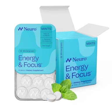 Neuro Energy & Focus Mints - Sugar Free Breath Mints with 40mg Natural Caffeine, B Vitamins & L-Theanine - Vegan Brain Supplement for Exercise, Study & Daily Focus - Wintergreen, 72 ct
