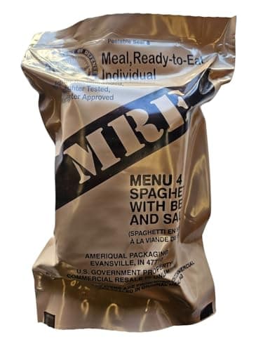 Genuine USGI Individual MRE [Meal, Ready to Eat] Inspection Date 01/2024 or Newer - You Choose Menu - Complete Ration with Entree, Snacks, Dessert, Drink Mix, Utensils, Condiments and FRH. (#4 Spaghetti)