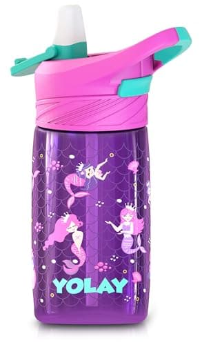 YOLAY 15oz Kids Water Bottle For School Boys and Girls, Durable Toddler Water Bottle with Straw Lid Leak-Proof, Spill Proof, Easy Clean and Dishwasher Safe with Re-Usable and BPA Free - Mermaid