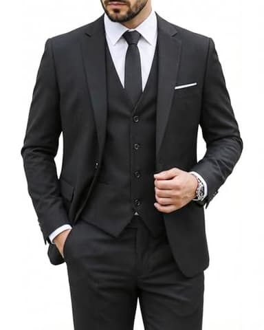 MY'S Men's 3 Piece Slim Fit Suit Set, One Button Solid Jacket Vest Pants with Tie Black
