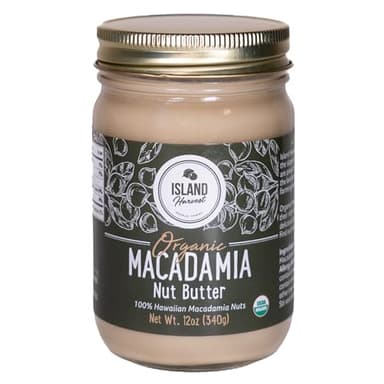 Island Harvest Macadamia Nut Butter - Made with 100% Hawaiian Organic Macadamia Nuts; All-Natural Nut Butter; Non-GMO; High In Fiber; 12 Ounce (Pack of 1)