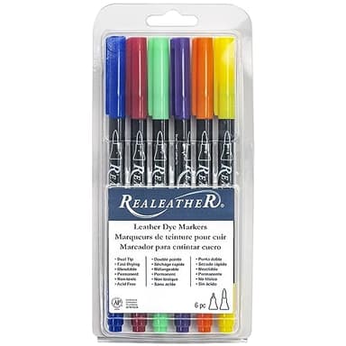Realeather F2400-02 Leather Dye Pens, Double Sided with Fine and Brush Tips, Basic Colors, 6-Pack