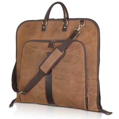 Polare Waxed Canvas Full Grain Leather Trim Garment Carry On Bag for Travel, Foldable Hanging Suitcase Weekender Dust-Proof Garment Waterproof Cover with YKK Zipper and Adjustable Strap