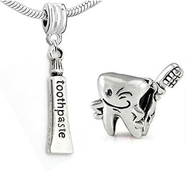 Sexy Sparkles Set of Two Toothpaste and Tooth Charm Beads – Dangle Charms for Snake Chain Bracelets, Compatible with European Bracelets