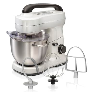 Hamilton Beach Electric Stand Mixer, 4 Quarts, Dough Hook, Flat Beater Attachments, Splash Guard, 7 Speeds with Whisk, Easy-Carry Top Handle, White