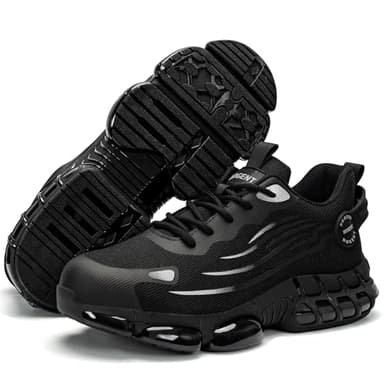 Hogent Steel Toe Shoes for Men Women Composite Toe Work Sneakers Indestructible Safety Tennis Shoes Lightweight Breathable Construction Sneakers Puncture Proof Air Cushion Ergonomic Design Black