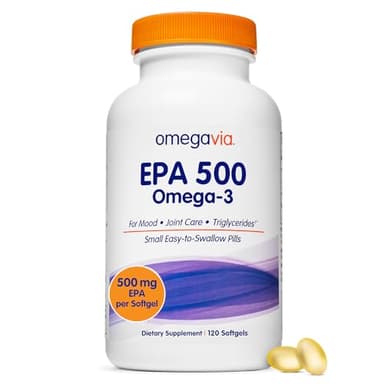 OmegaVia EPA 500, Purified Omega-3 Fish Oil Supplement, 500 mg EPA in Triglyceride Form, Burpless Fish Oil, Non-GMO, Gluten-Free, IFOS 5-Star, 120 Softgels
