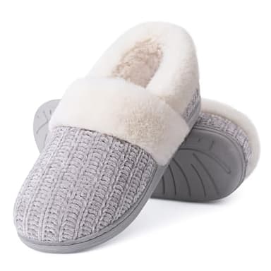 Evshine Women's Fuzzy Memory Foam Slippers, Closed Back Knit Bedroom Slippers, Slip-On Warm House Shoes for Indoor & Outdoor Comfort, Grey, 38-39 (Size 7-8)