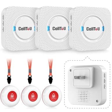 CallToU Caregiver Pager Elderly Alert Call Button for Seniors Smart Patient Call Bell Wireless Emergency Button System Adult Monitors at Home 3 Plugin Receivers 3 Waterproof Portable Transmitters