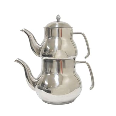 Traditional Persian Iranian Russian Middle Eastern Arabic Turkish Induction Korkmaz Double Tea Kettle Thick Stainless Steel Top Teapot 2-Pc Set 2-Liter + 1 Liter Pot Samovar Chai