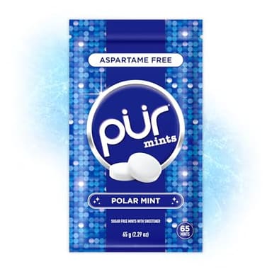 PUR Mints | Aspartame Free Breath Mints | Made with Xylitol | Sugar Free, Vegan, Gluten Free | Natural Polar Mint Flavor | 65 Pieces in Re-Sealable pouch (Pack of 1)