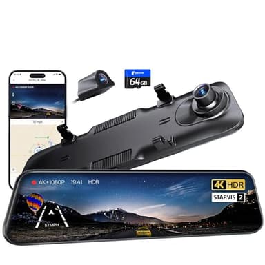 Pelsee S12 Pro Mirror Dash Cam with STARVIS 2 Sensor, Rear View Mirror Camera 5.8GHz WiFi, 4K Front and 1080P Rear Backup Camera for Car, ADAS &BSD, Voice Control, Color Night Vision, 64G Meomory Card