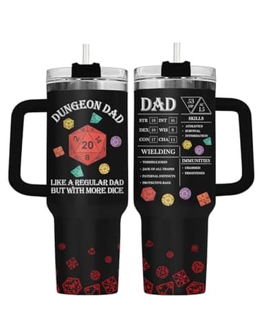 34HD Dungeon Dad Tumbler 40oz with Handle and Straw, DND Daddy Insulated Travel Coffee Mug, RPG Dragons Dice Father's Day - Birthday Present to Men, Papa and Husband