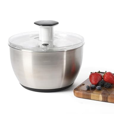 Calphalon Aero 6.3 Qt Stainless Steel Salad Spinner, Fruit Wahser, Fruit Washing Bowl with Strainer, Vegertable Cleaner, Salad Cleaner, Lettuce Washer